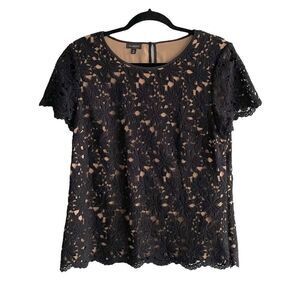 TALBOTS Lace Crew Neck Short Sleeve Blouse Black Camel 10